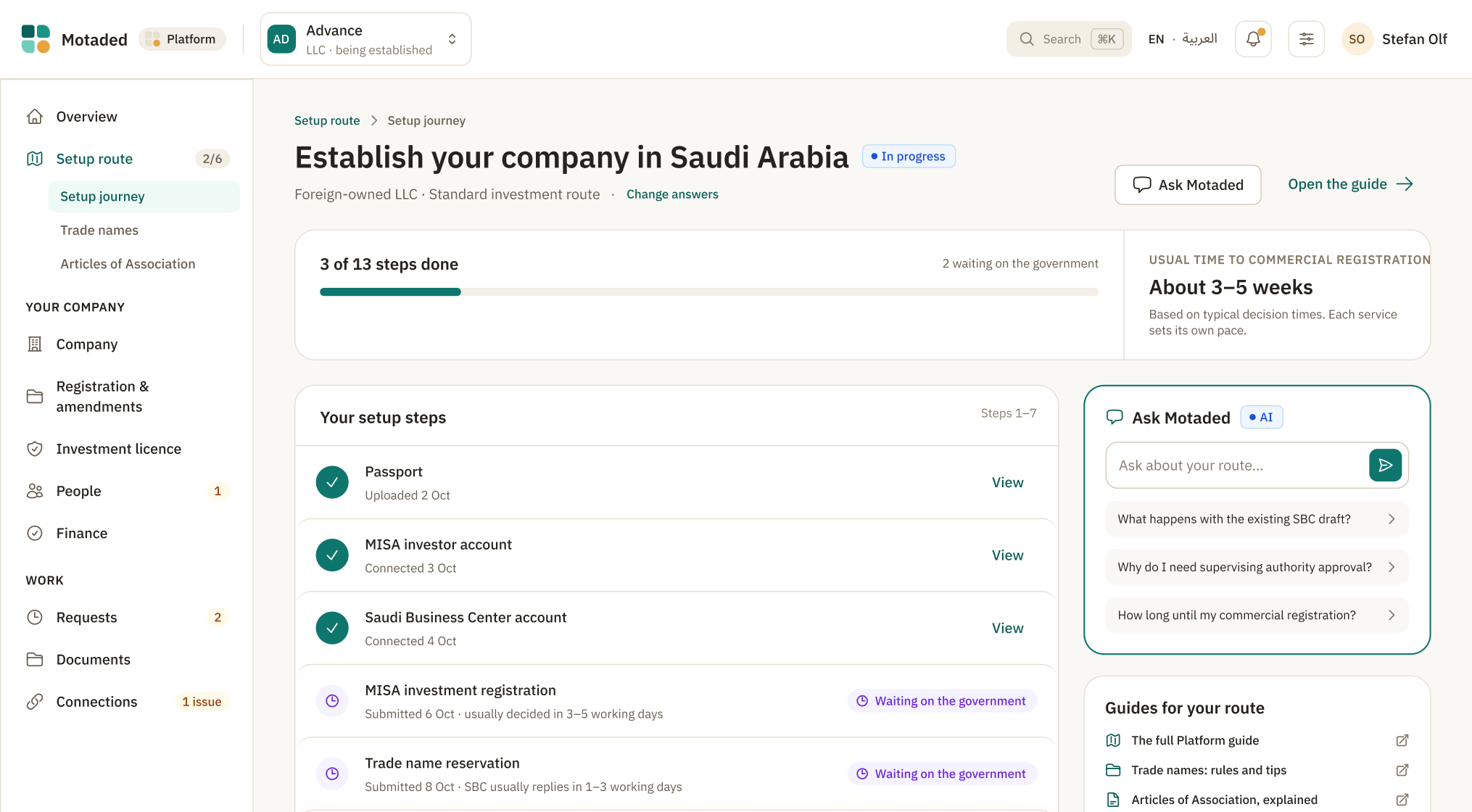 Guided company route: trade name reserved, commercial registration in progress, labour and social insurance locked