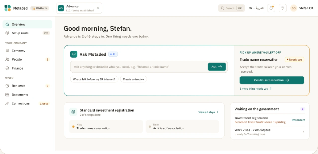 Platform workspace overview with next step and authority requests